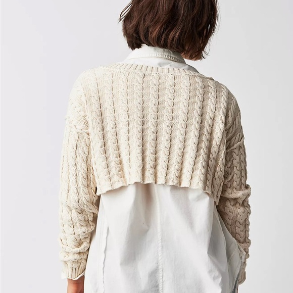 Free People 100% Cotton Tuesday Cream Cable Knit Cropped Sweater Size Medium - Picture 4 of 12